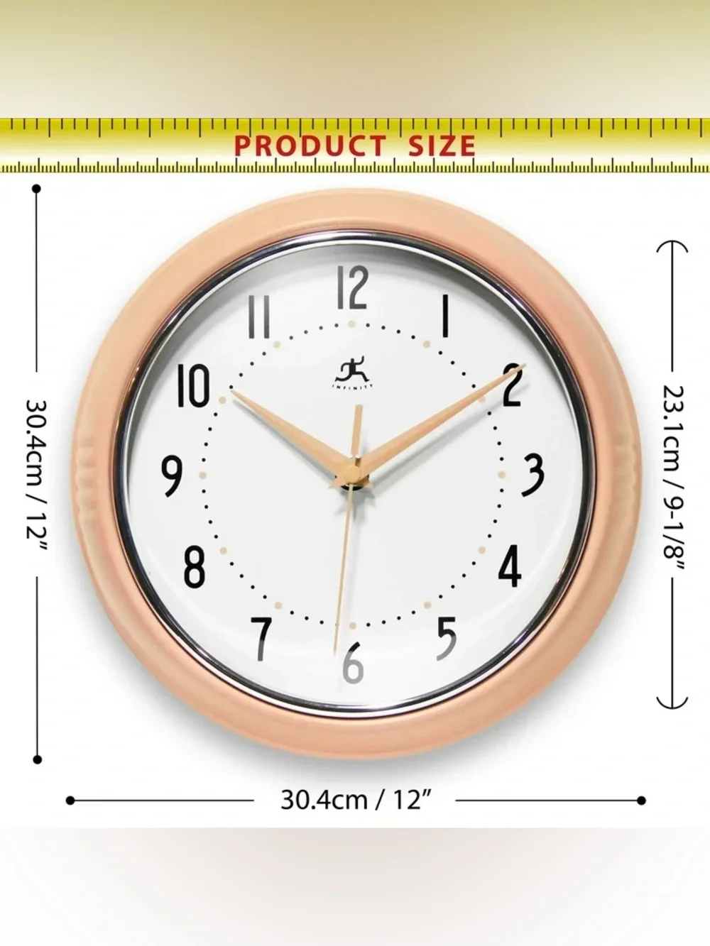Infinity Instruments Retro 9.5 Inch Round Indoor Wall Clock, Peach Fuzz